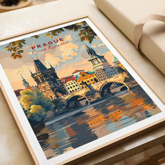 Prague Wall Art in a natural wood frame beside wrapped gift packaging, close-up detail