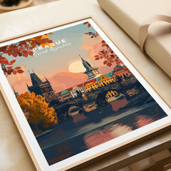 Prague Art Print in a natural wood frame beside wrapped gift packaging, close-up detail