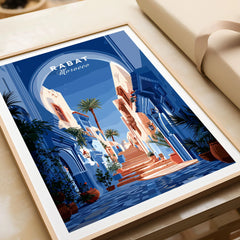 Rabat Morocco Blue Medina Travel Poster — a blue-washed medina lane and stone steps seen through a horseshoe arch, shown as framed art print closeup gift unwrapped natural frame