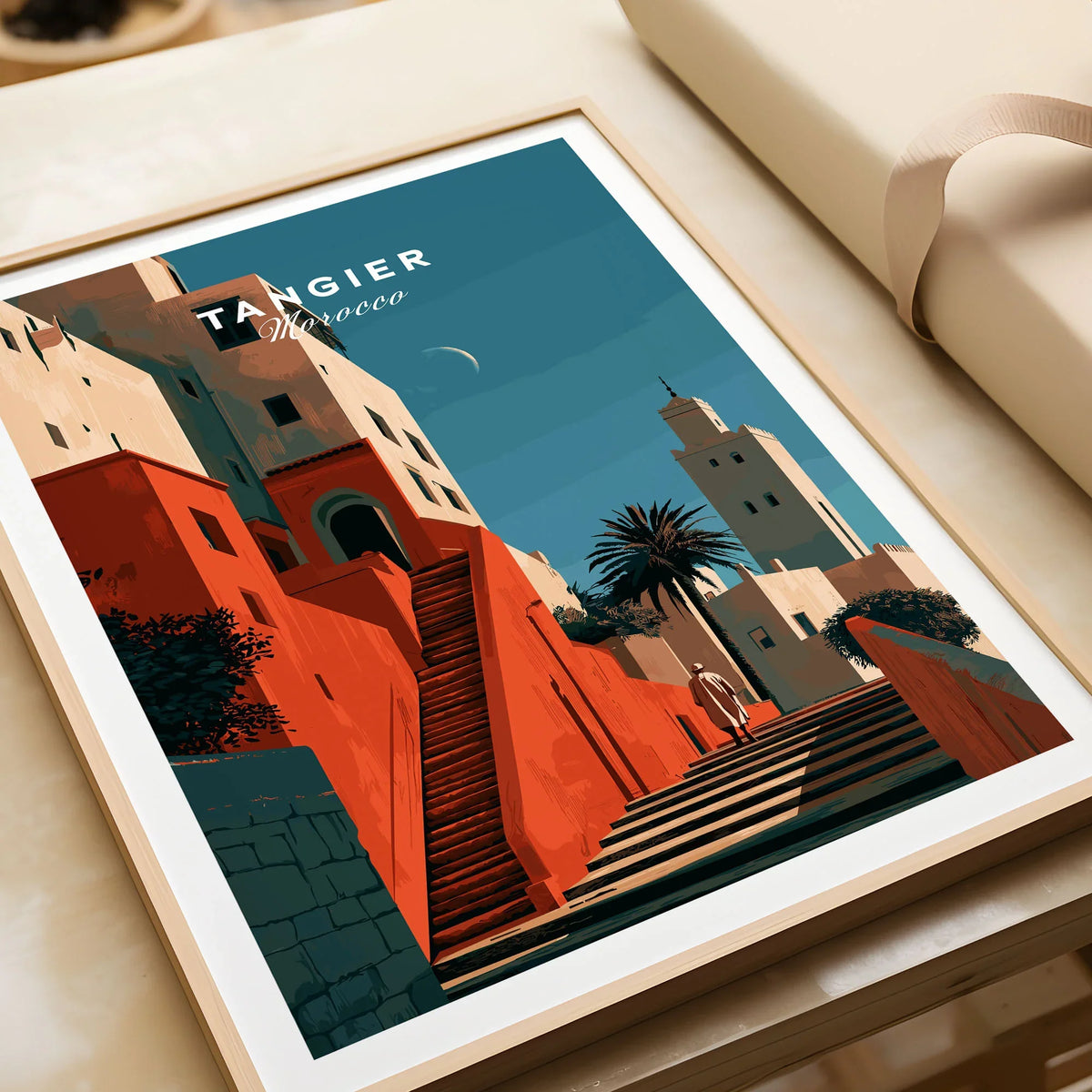 Tangier Morocco Kasbah Steps Travel Poster — coral kasbah steps climbing towards a minaret under a crescent moon, shown as framed art print closeup gift unwrapped natural frame