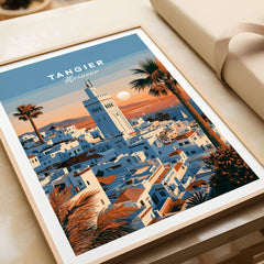 Tangier Morocco Sunset Medina Travel Poster — Tangier medina rooftops and a minaret above a bay dotted with sails, shown as framed art print closeup gift unwrapped natural frame