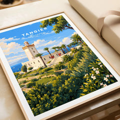 Tangier Morocco Cap Spartel Lighthouse Travel Poster — the Cap Spartel lighthouse above palm gardens and the blue strait, shown as framed art print closeup gift unwrapped natural frame