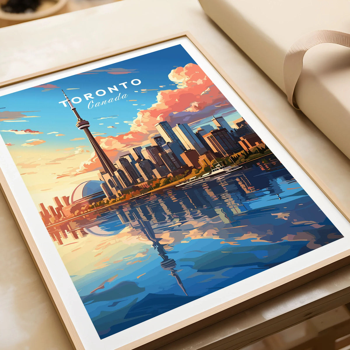 Toronto Poster in a natural wood frame beside wrapped gift packaging, close-up detail