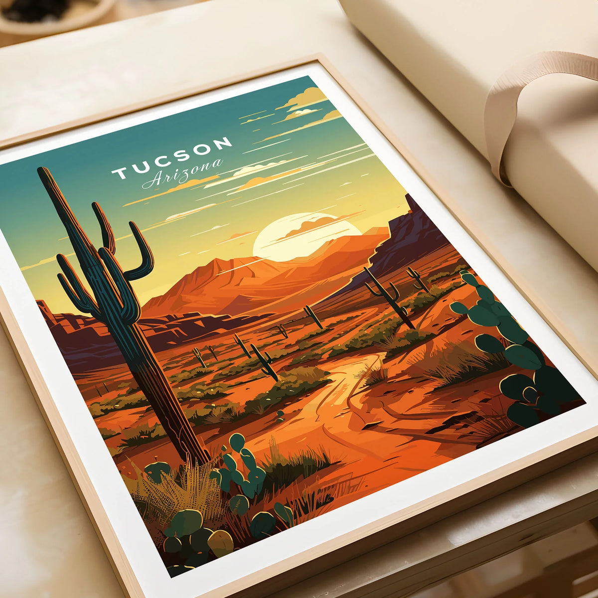 Tucson Arizona Poster in a natural wood frame beside wrapped gift packaging, close-up detail