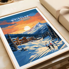 Whistler Poster in a natural wood frame beside wrapped gift packaging, close-up detail