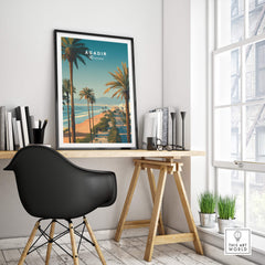 Agadir Travel Poster Print Morocco - Palm Trees showcased in a modern workspace with stylish décor.