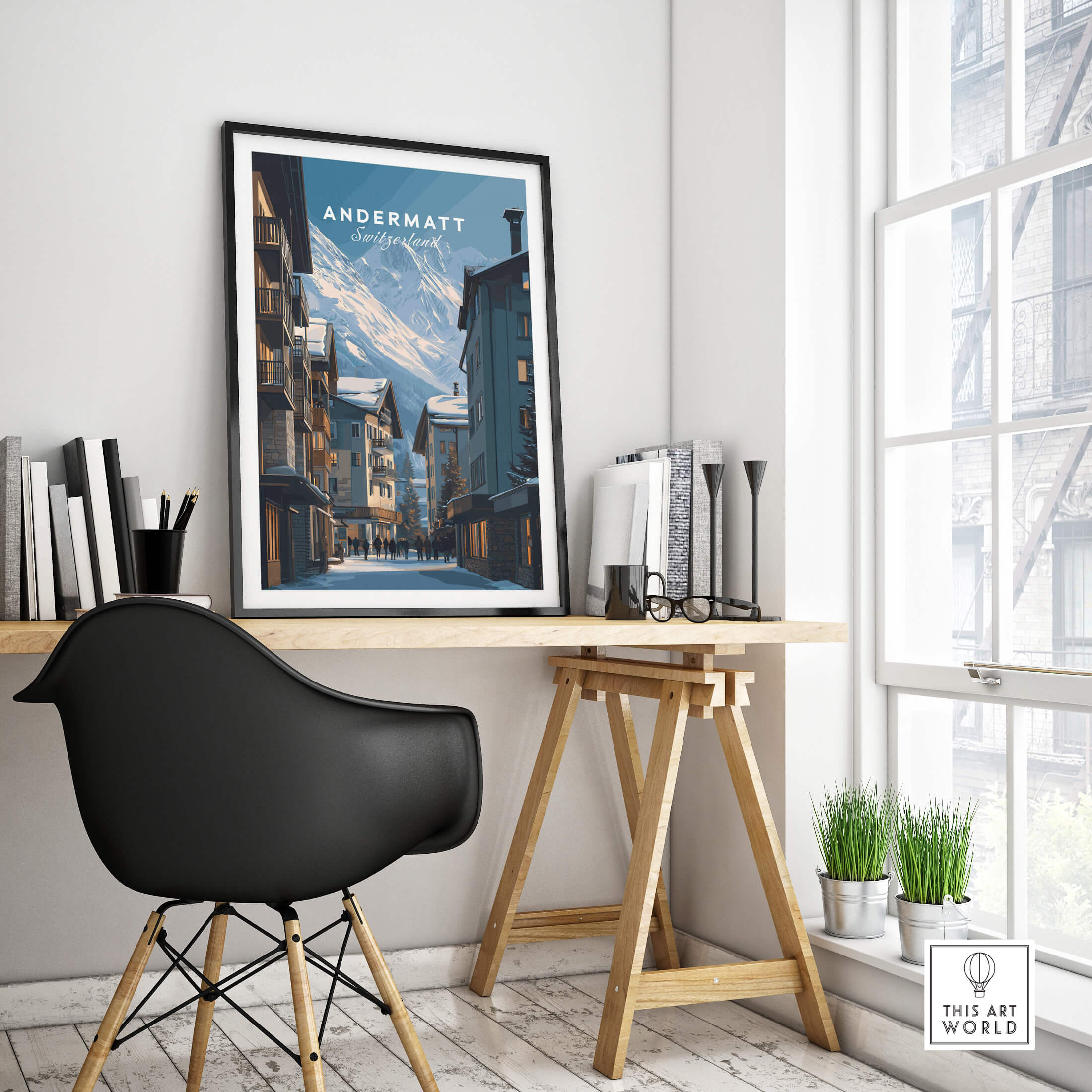 Andermatt Travel Poster – Swiss Alps Winter Village and Chalet Print displayed in a stylish interior setting.