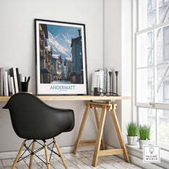 Andermatt Switzerland Wall Art Print displayed in a stylish home office setting with a mountain view.