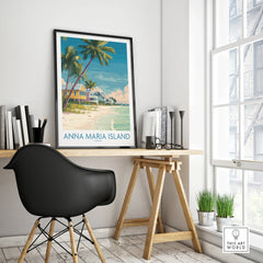 Framed Anna Maria Island travel poster on modern office desk by window, tropical wall art