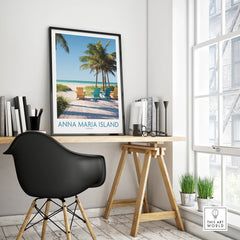 Anna Maria Island travel poster with palm trees on a modern office desk, city wall art decor
