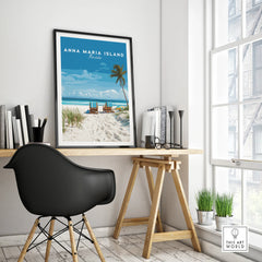 Anna Maria Island Florida beach travel poster in black frame on modern office desk