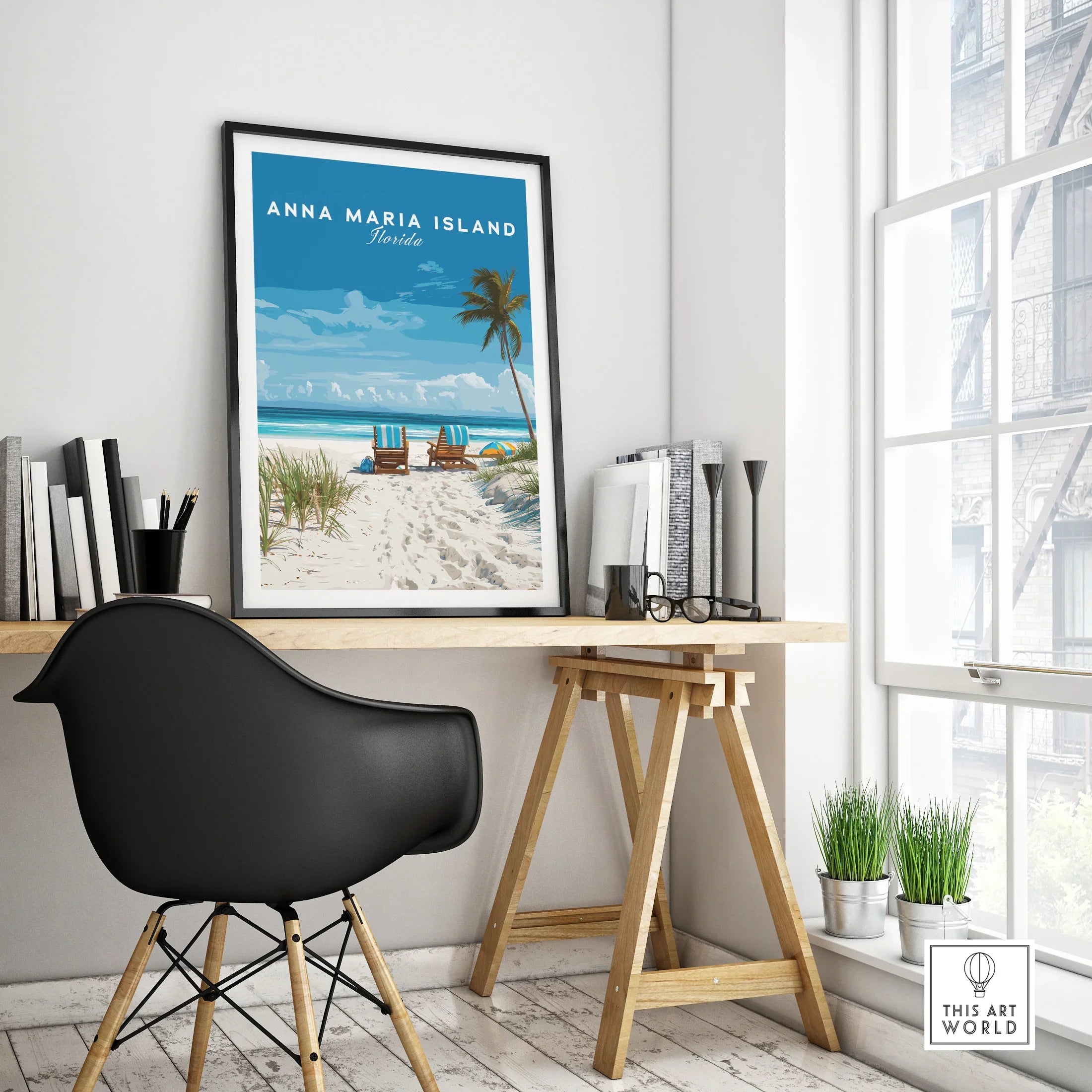 Anna Maria Island Florida beach travel poster in black frame on modern office desk