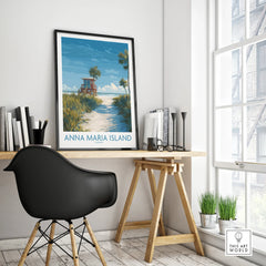 Anna Maria Island travel poster in black frame on modern office desk by window