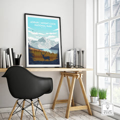 Framed Aoraki Mount Cook National Park poster on modern office desk, minimalist home decor