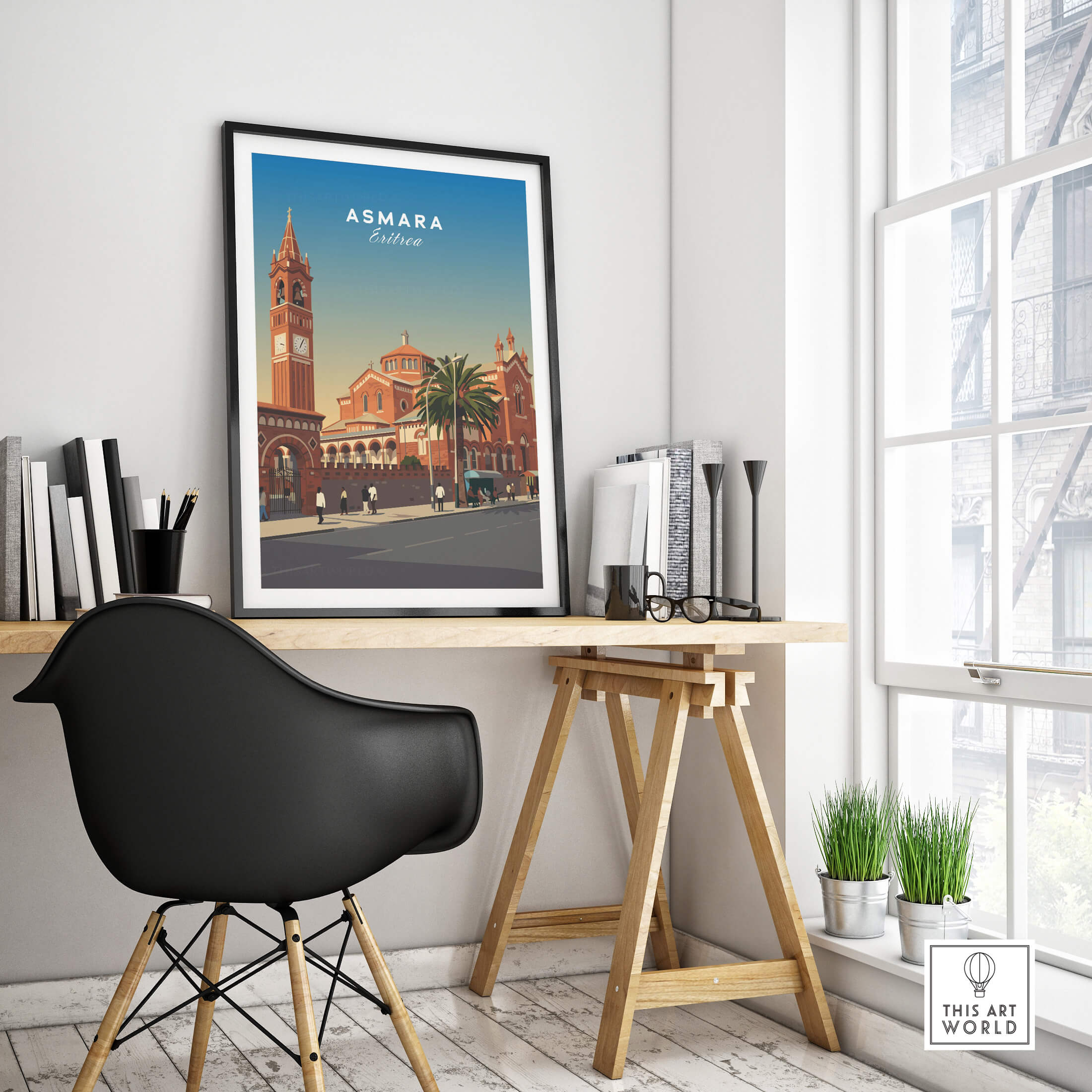 Asmara Travel Poster – Eritrea Cathedral and Bell Tower Art Print showcased in a stylish home office setting.