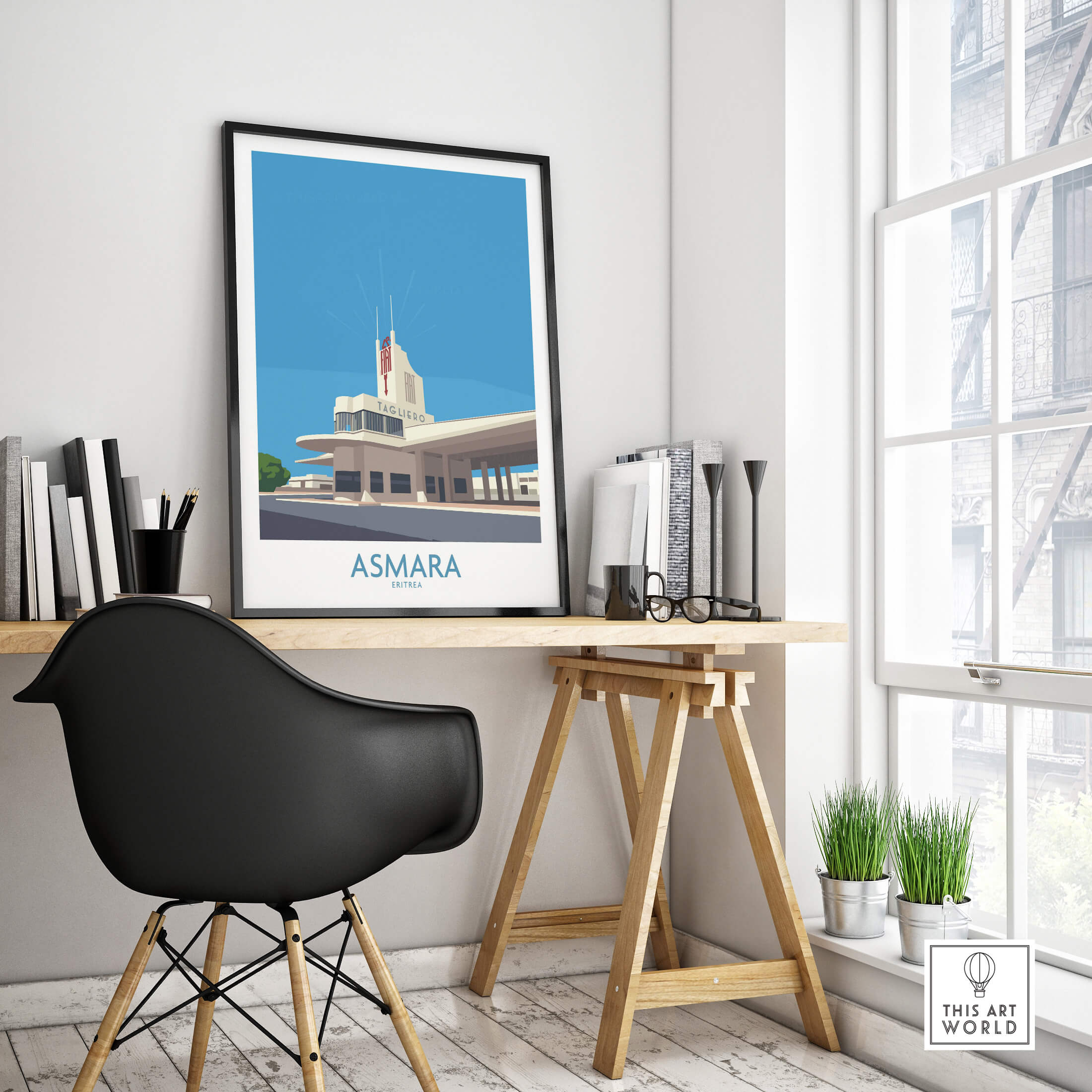 Asmara Eritrea Print – Fiat Tagliero Poster displayed on a stylish workspace with modern decor.