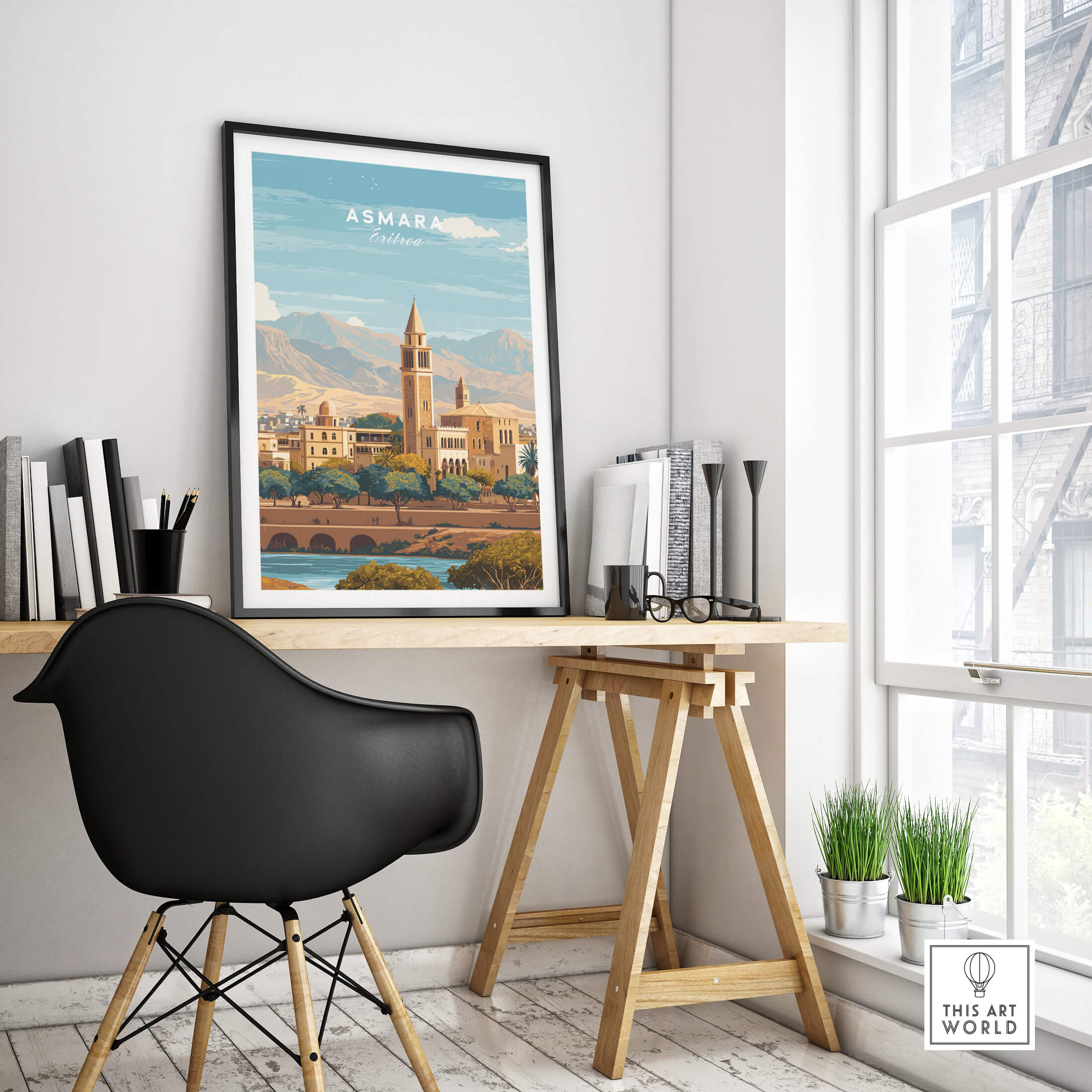 Asmara Travel Poster – Cityscape Skyline and Mountain Landscape Art Print displayed in a stylish interior setting.