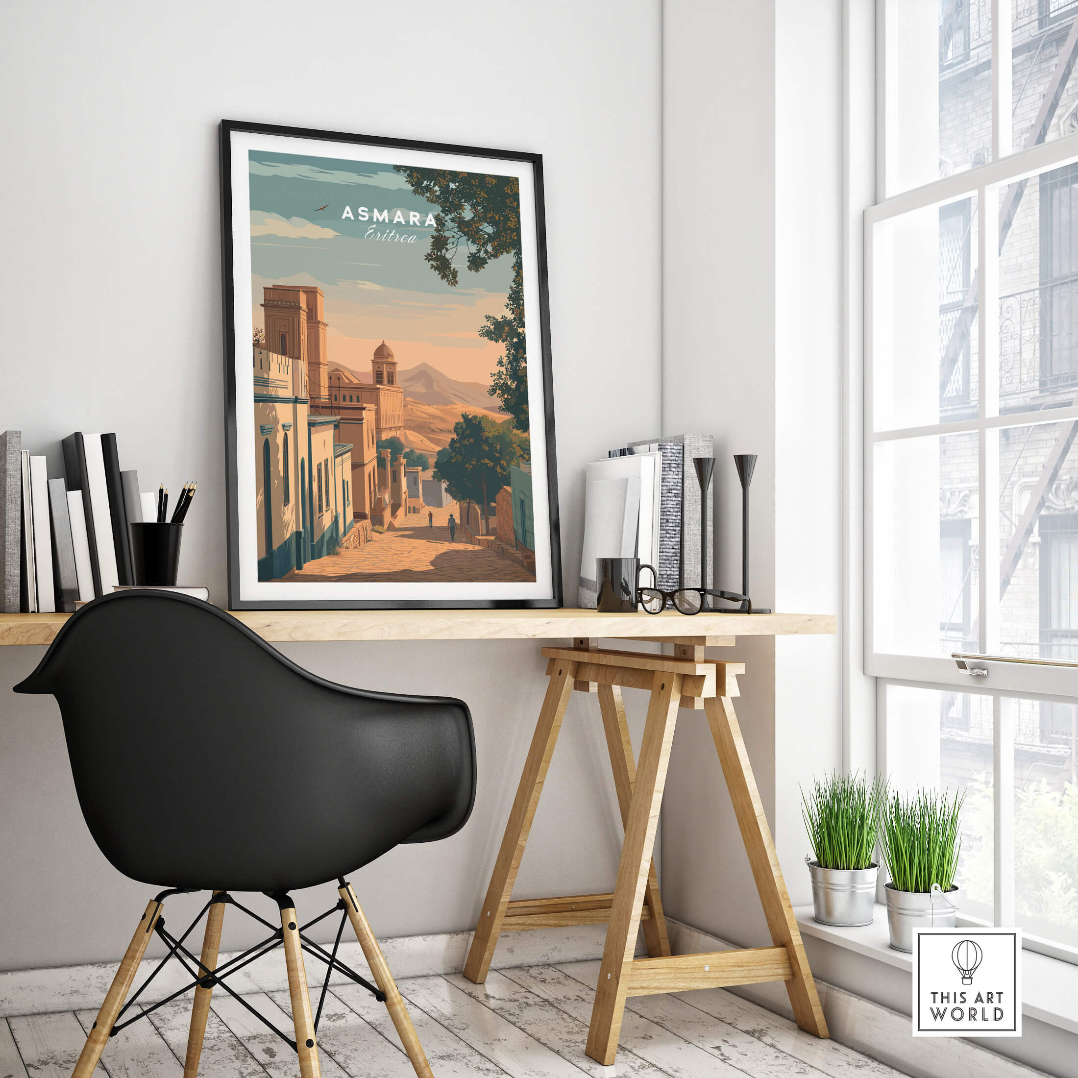 Asmara Travel Poster – Sunset Cityscape Art Print showcased in a modern workspace with wood accents.