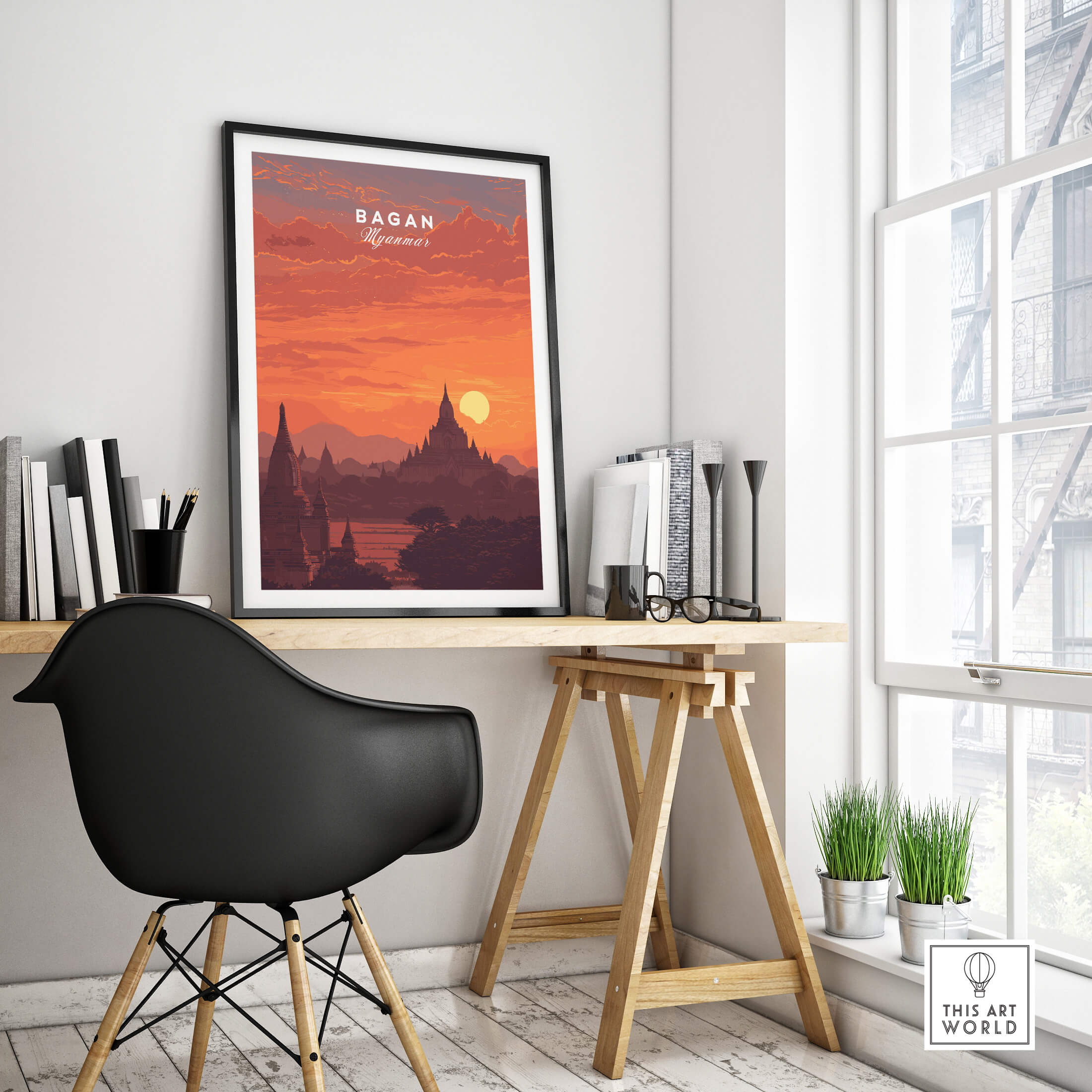 Bagan Travel Poster – Myanmar Ancient Temple Sunset Art displayed in a modern workspace setting.