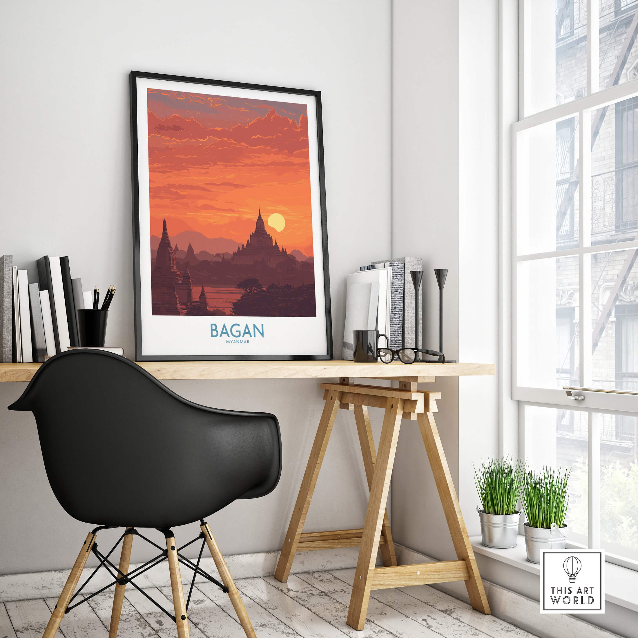 Bagan Myanmar Wall Art – Buddhist Pagoda Skyline Canvas Print displayed in a stylish home office setting.