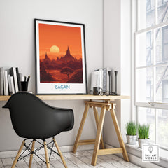 Bagan Myanmar Print – Traditional Pagoda Wall Art displayed in a modern office setting with a black chair.
