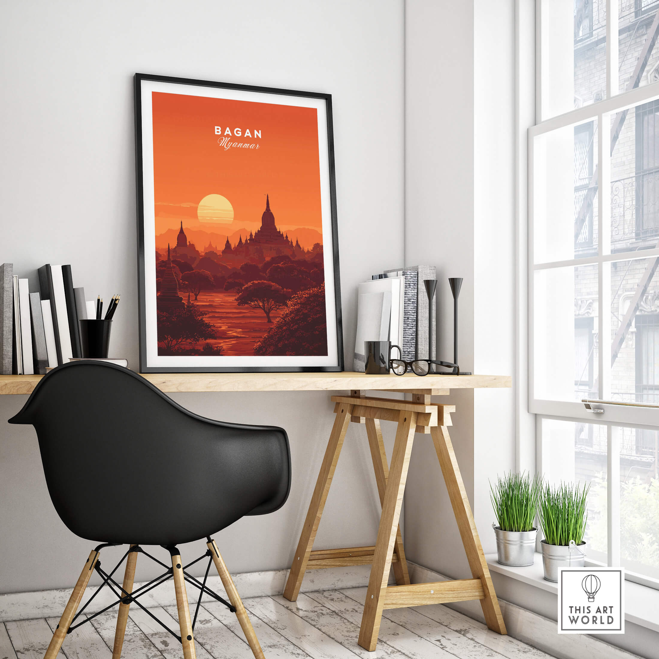 Bagan Travel Poster – Minimalist Temple Wall Art displayed in a modern interior with a black chair and natural light