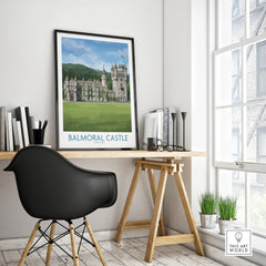 Balmoral Castle travel poster in black frame on modern office desk near window