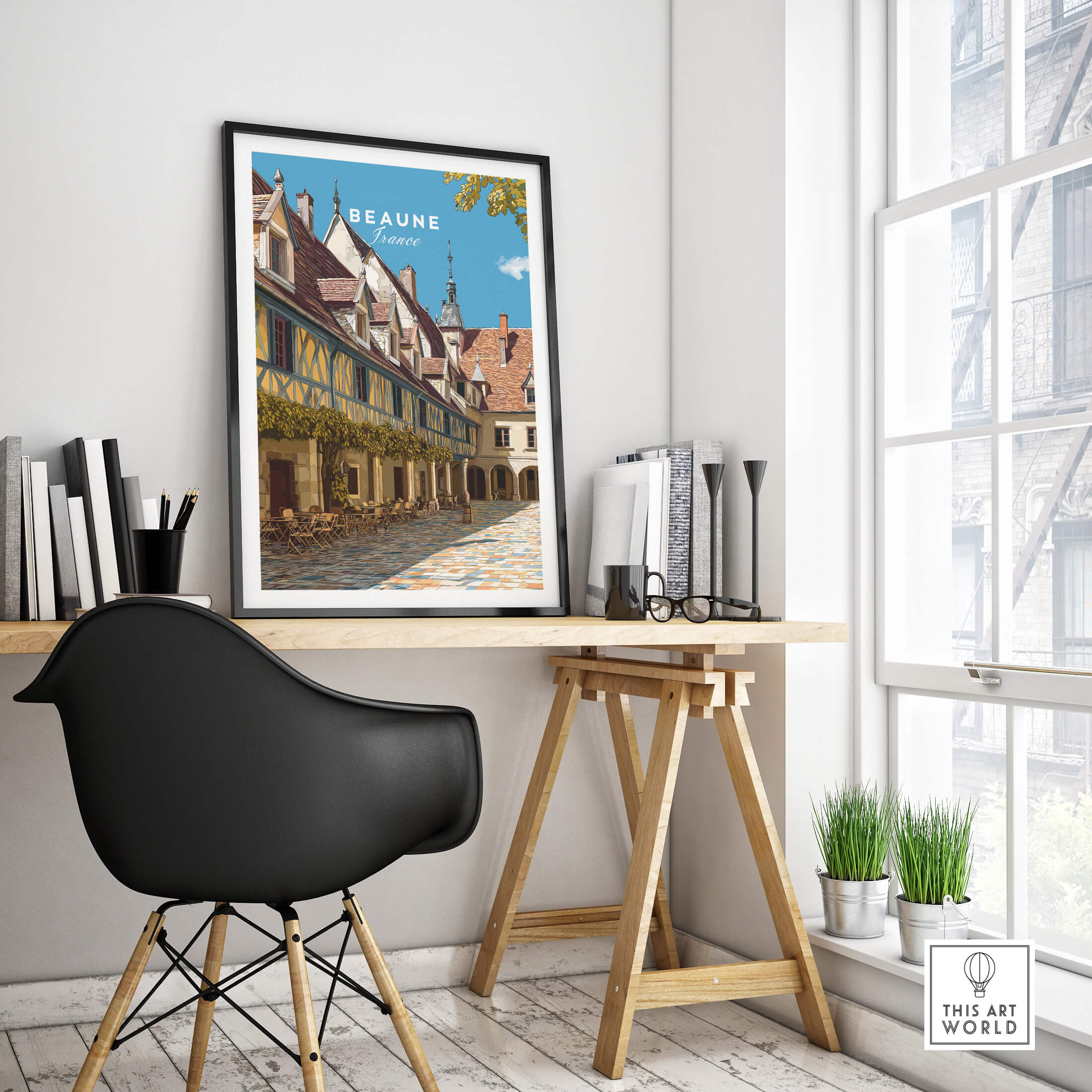 Beaune Travel Poster – Hospices de Beaune Architecture and Courtyard Art displayed in a modern interior setting.