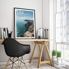 Berry Head Travel Poster – Devon Coastal Cliffs and Ocean View Print displayed in a modern home office setting.