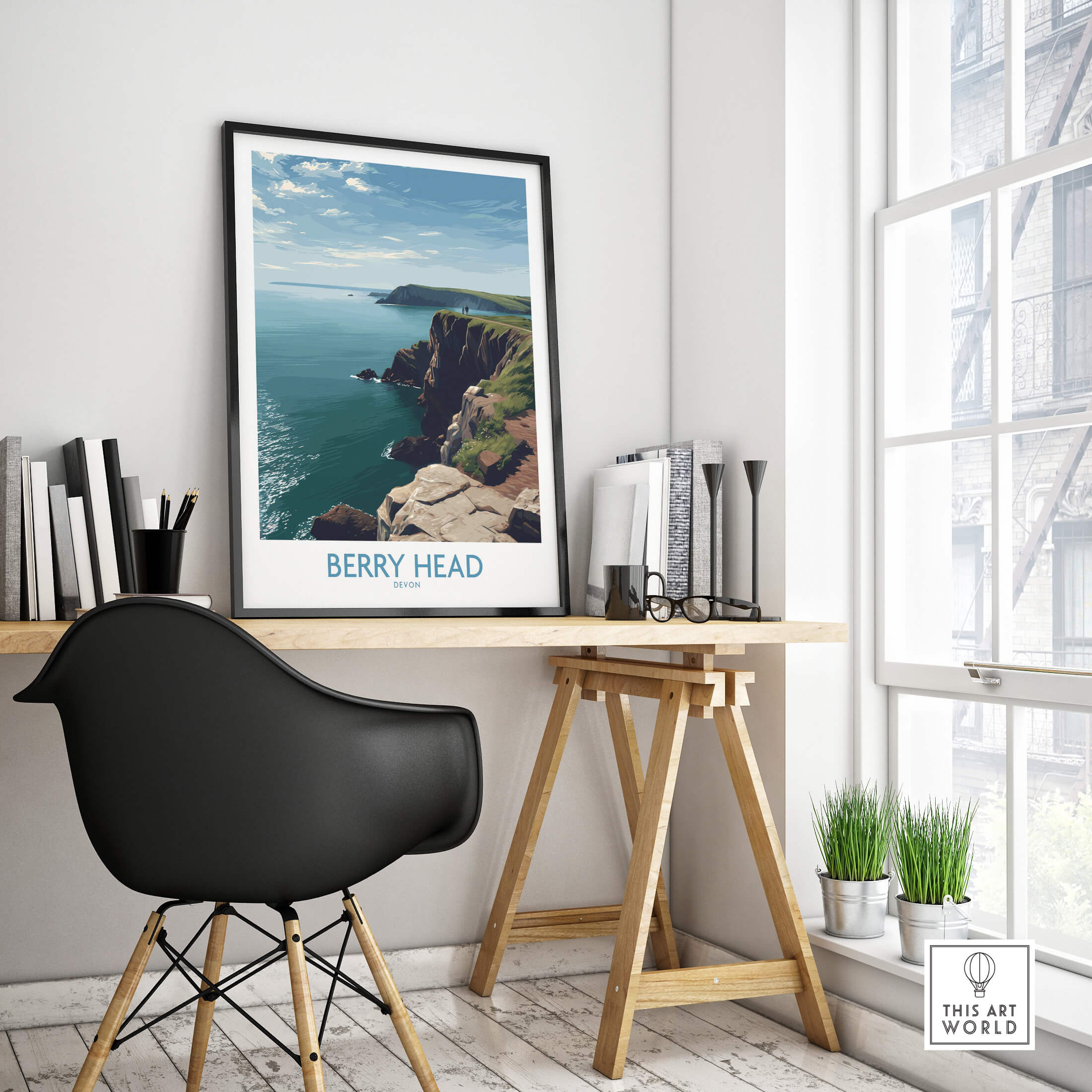 Berry Head Devon Wall Art – English Coast Print displayed in a stylish workspace with coastal views.
