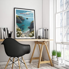 Berry Head Travel Poster – South Devon Coastline and Wildflower Art displayed in a modern home office.