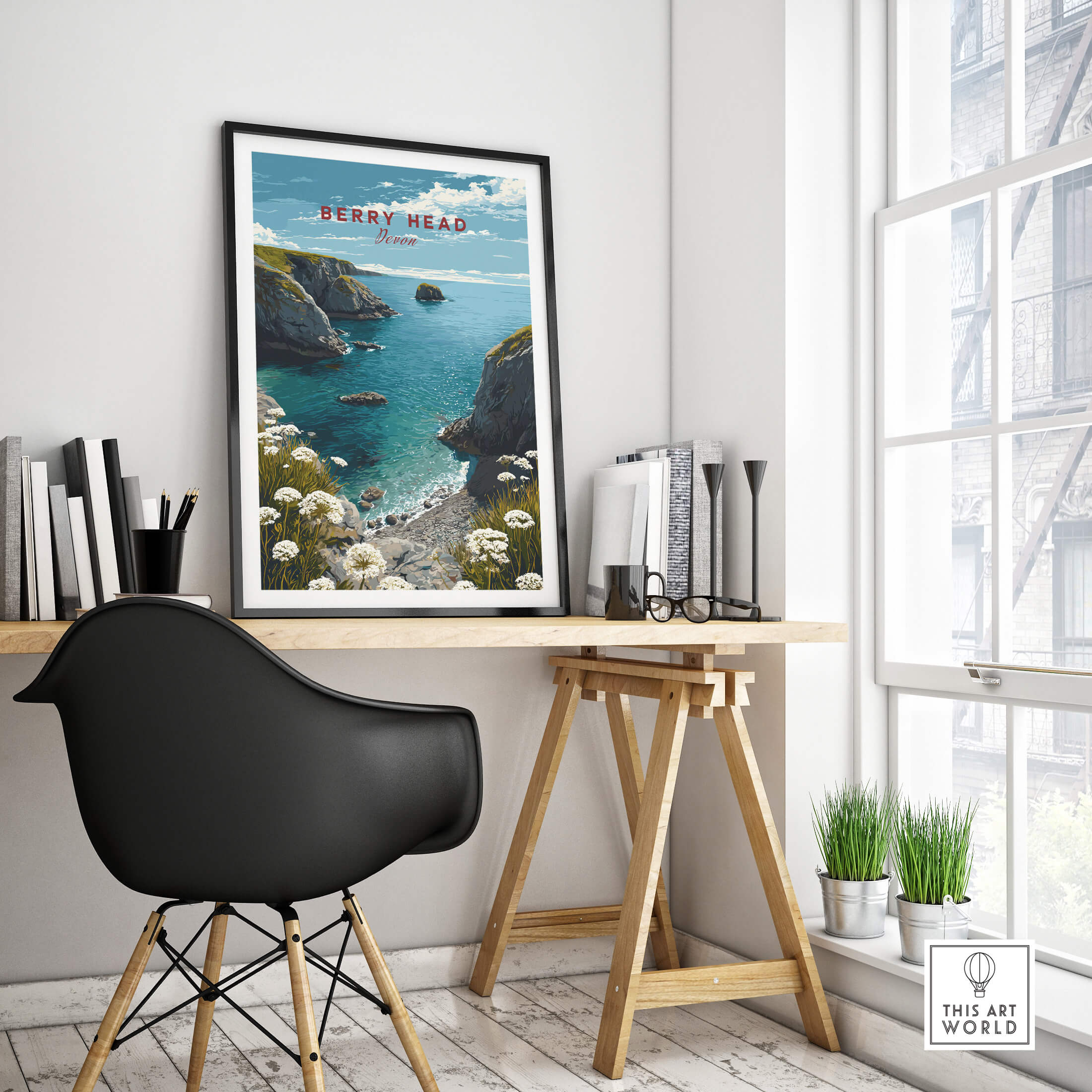 Berry Head Travel Poster – South Devon Coastline and Wildflower Art displayed in a modern home office.