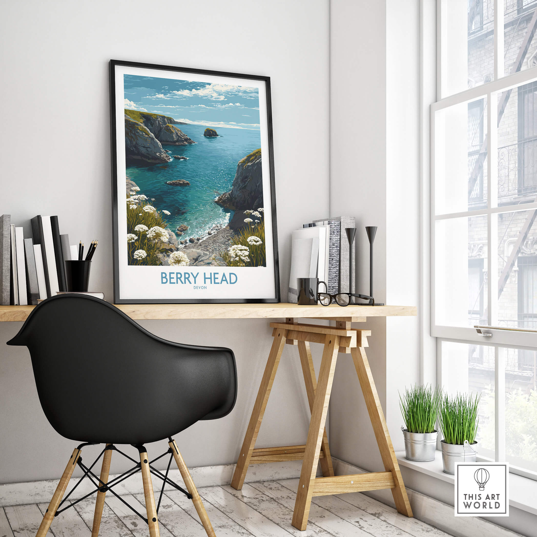 Berry Head Devon Print – Rocky Cliffs and Turquoise Sea Wall Decor displayed in a modern workspace with coastal views.