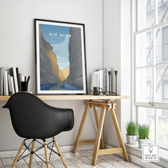 Big Bend National Park framed travel poster on modern office desk with black chair