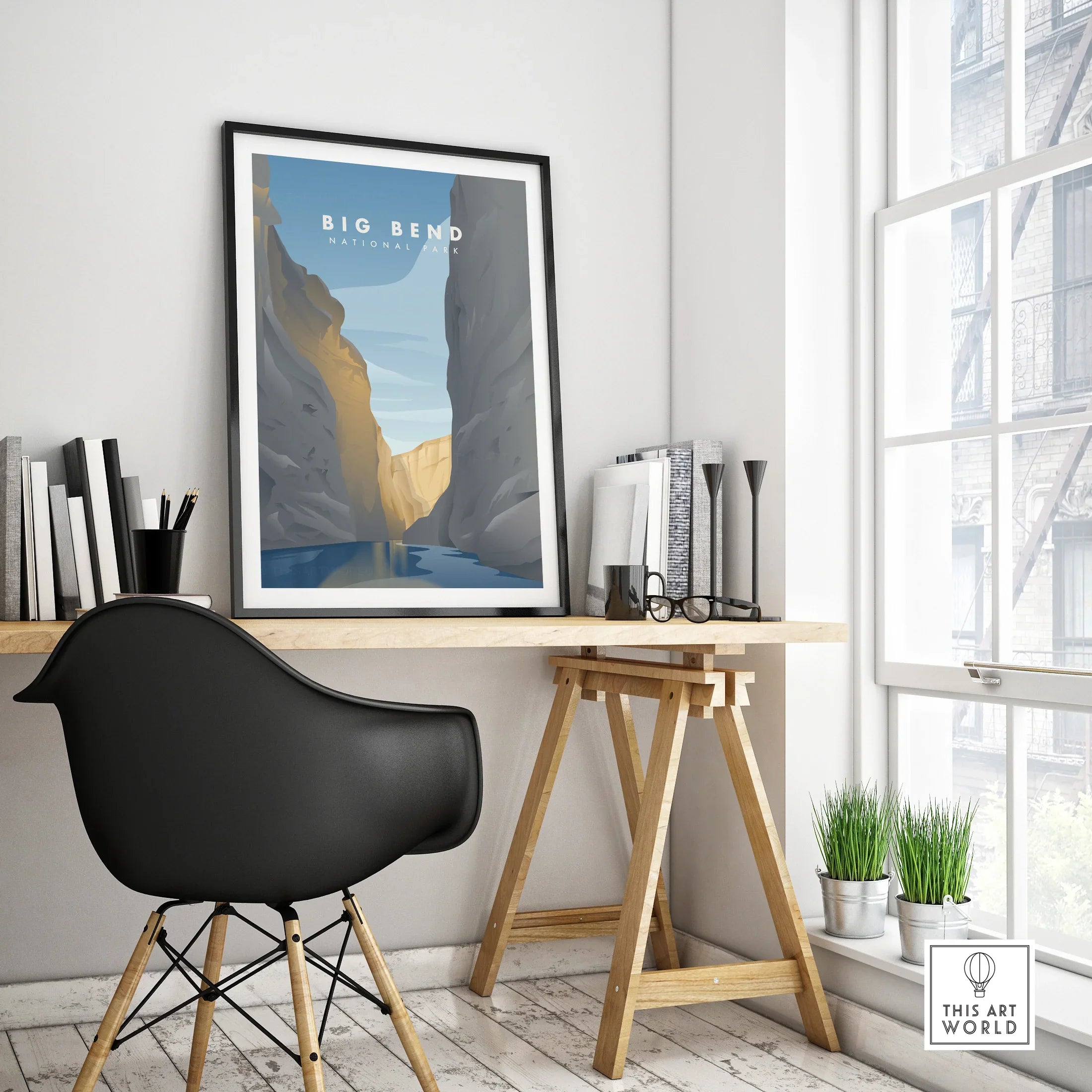 Big Bend National Park framed travel poster on modern office desk with black chair