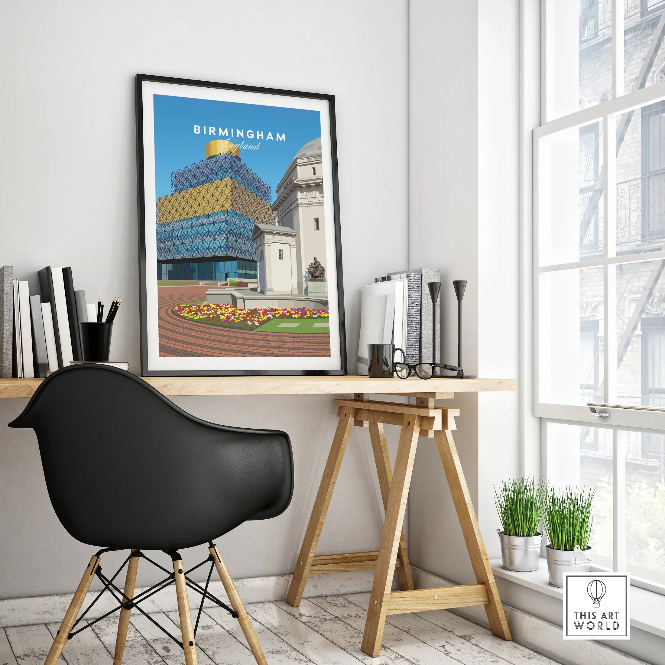 Birmingham England travel poster in black frame on modern office desk, city skyline wall art