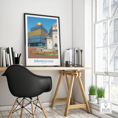 Framed Birmingham city skyline travel poster on modern office desk with chair and decor