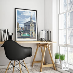 Framed Birmingham city skyline poster on modern office desk, minimalist home decor