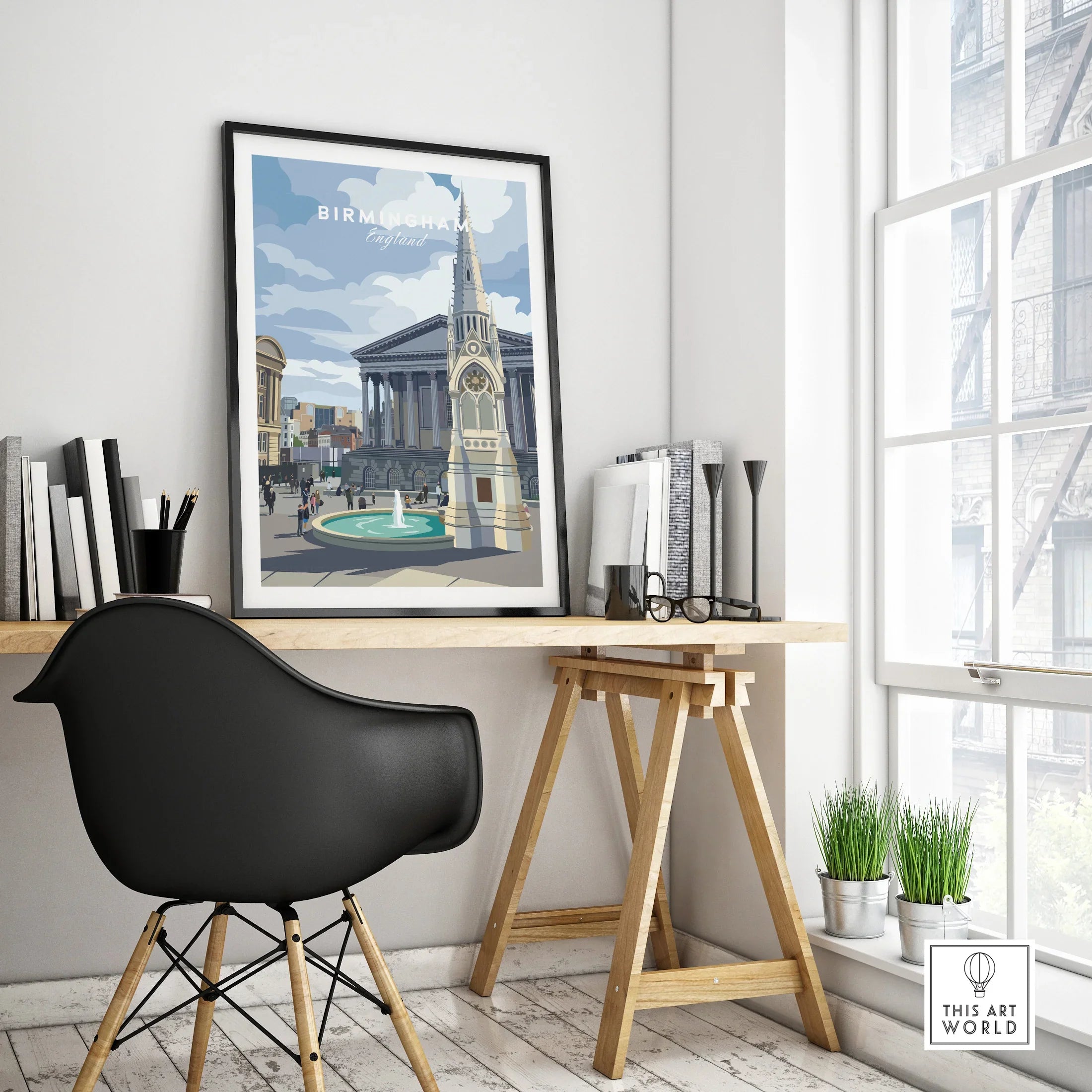 Framed Birmingham city skyline poster on modern office desk, minimalist home decor