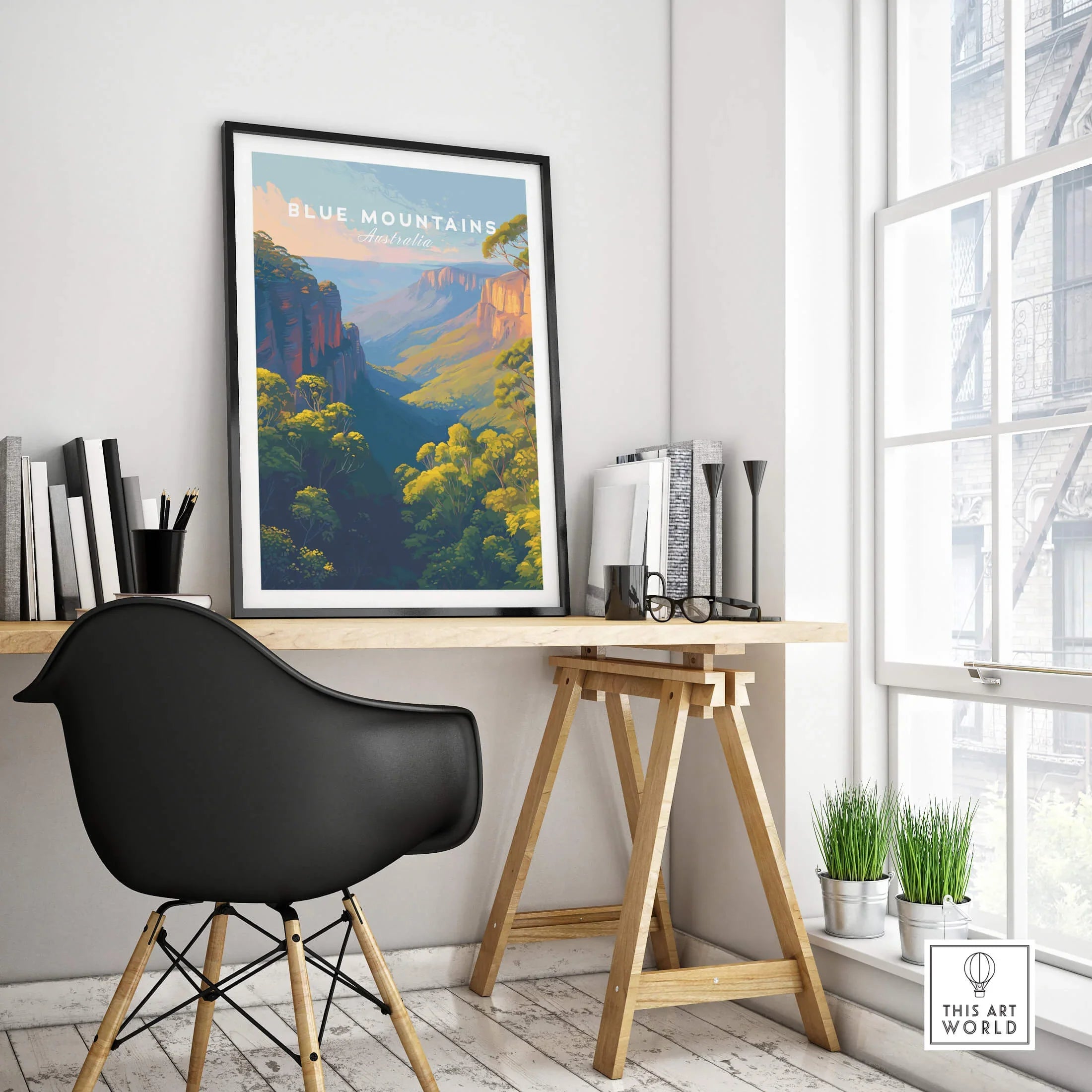 Framed Blue Mountains travel poster on modern office desk, natural light, decor accents