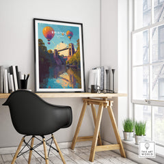 Bristol Travel Poster – Clifton Suspension Bridge and Hot Air Balloons Art displayed in a stylish home office setting.