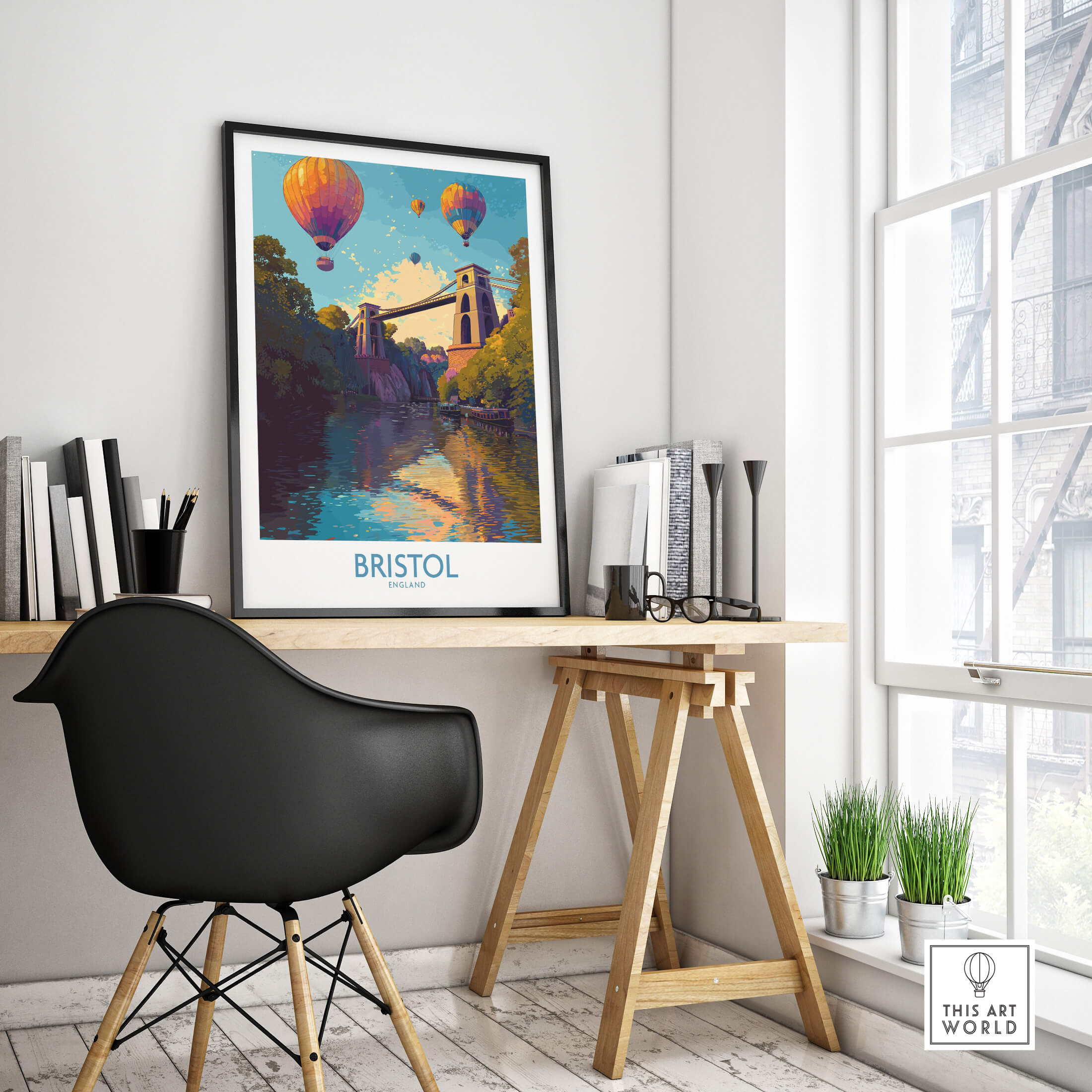 Bristol England Wall Art – River Avon Sunset and Balloon Festival Print in a modern home office setting.