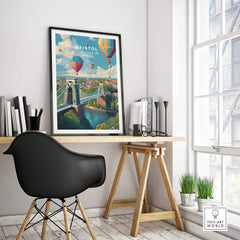 Bristol Travel Poster – Cityscape and Clifton Suspension Bridge Print displayed in a stylish home office.