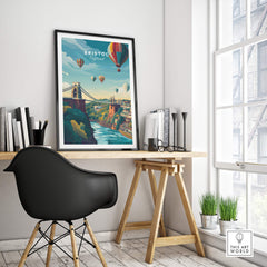 Bristol Art Print - Clifton Bridge Poster displayed in a stylish interior with a modern desk and chair.