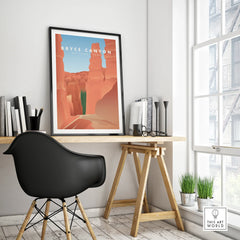 Modern office desk with framed Bryce Canyon National Park travel poster wall art