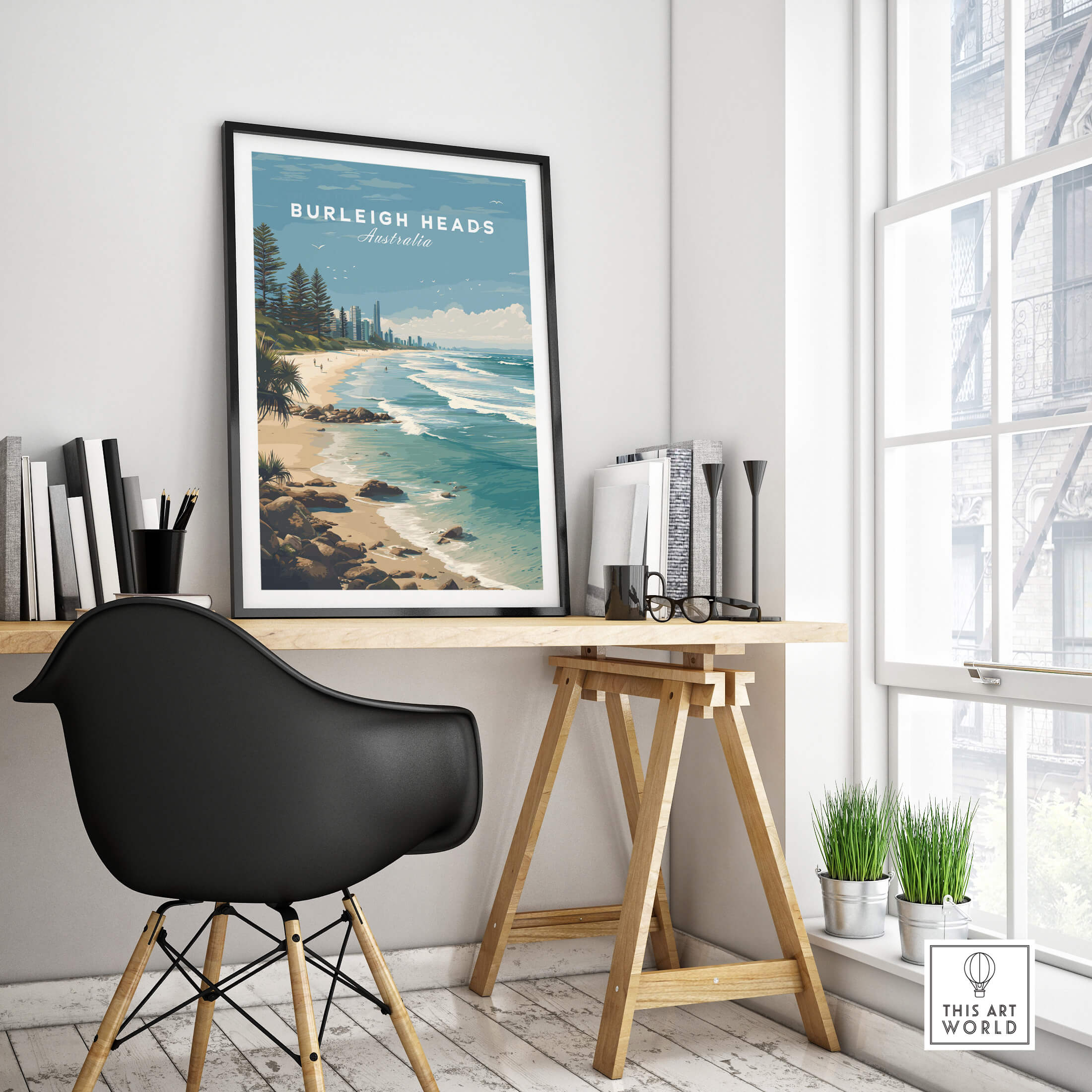 Burleigh Heads Australia Poster – Gold Coast Skyline & Iconic Surf Beach Wall Art displayed in a stylish workspace