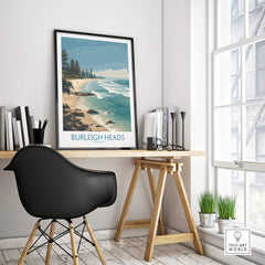 Burleigh Heads Travel Poster - Canvas Print framed in a modern workspace, showcasing Queensland's stunning coastal scenery.