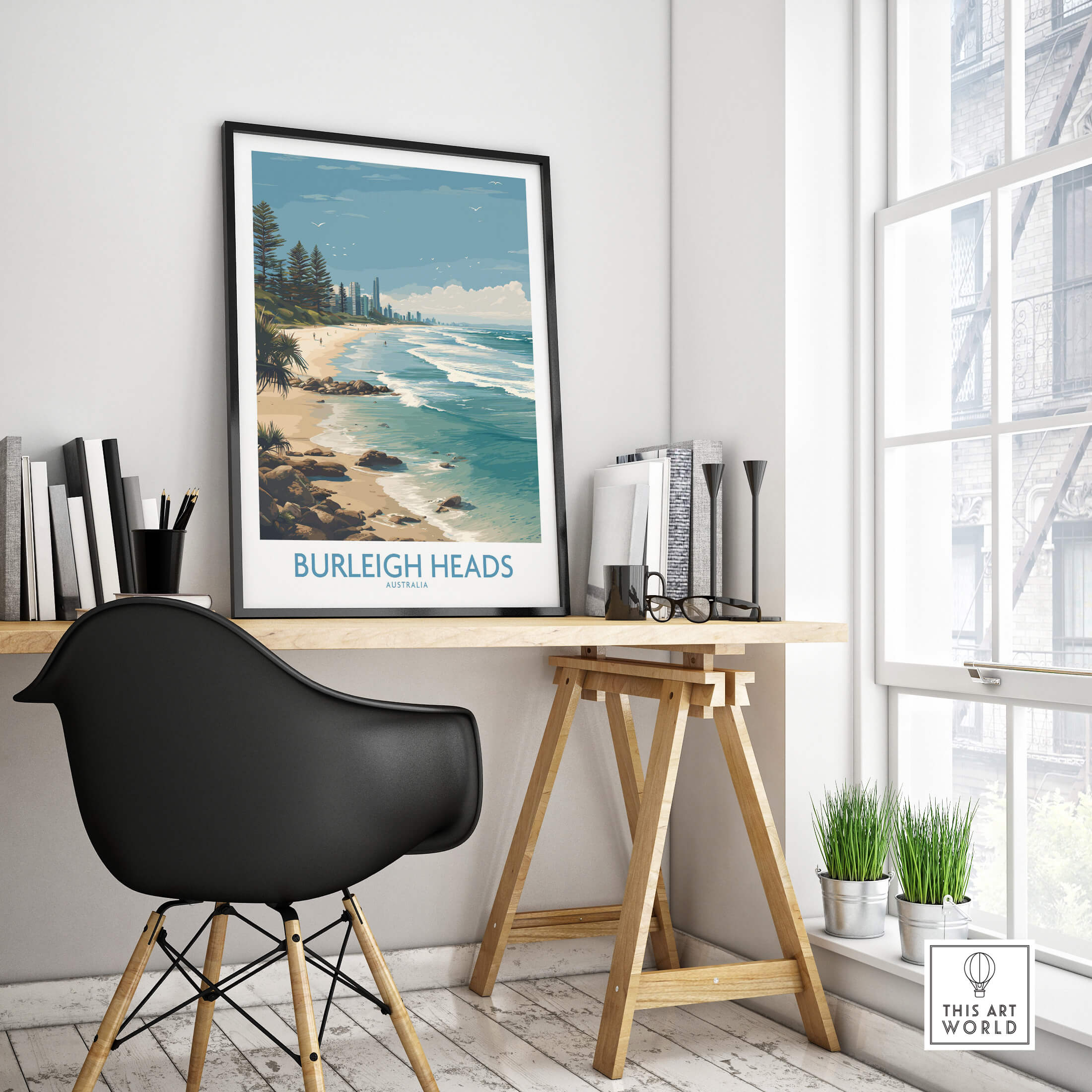 Burleigh Heads Travel Poster - Canvas Print framed in a modern workspace, showcasing Queensland's stunning coastal scenery.