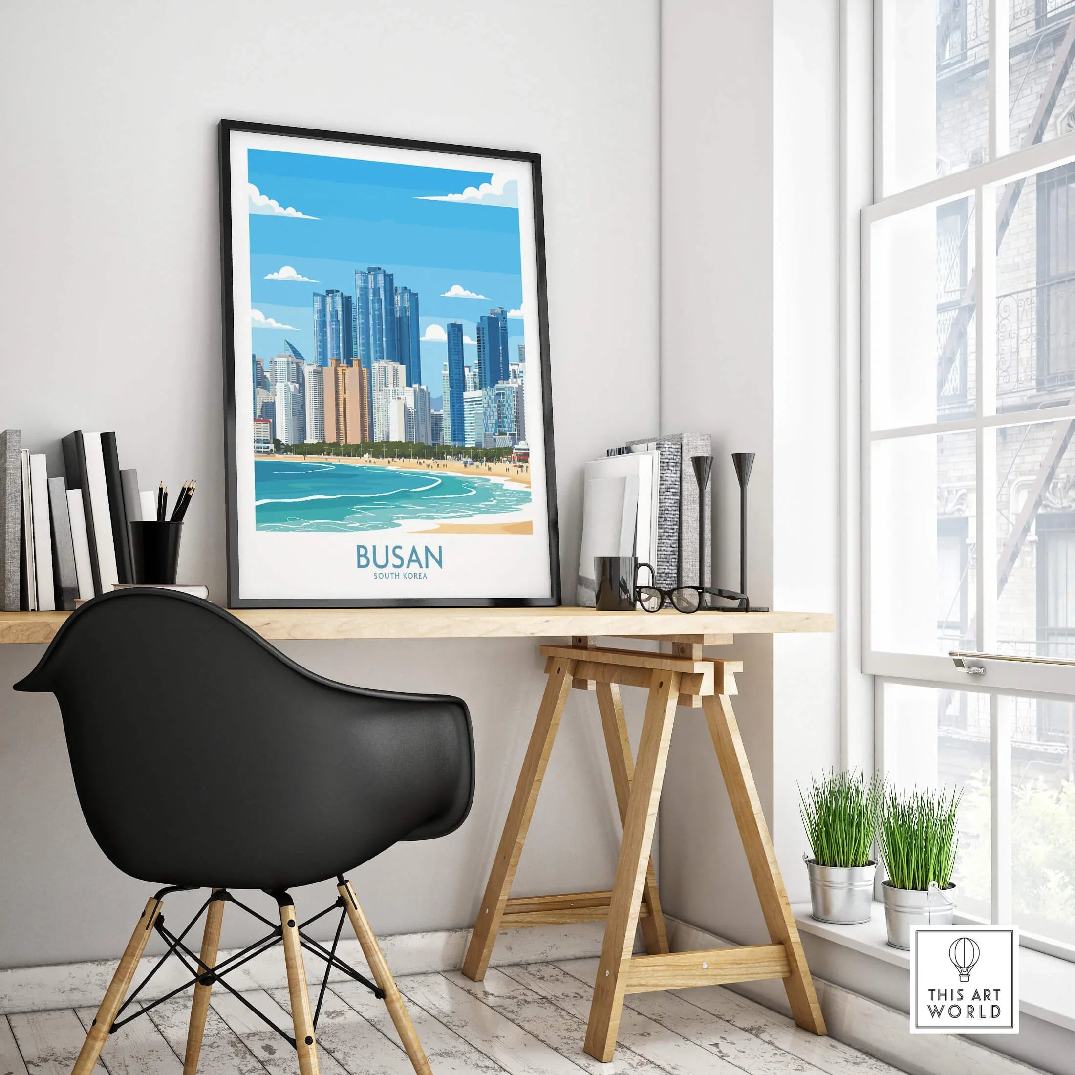 Busan city skyline travel poster in black frame on modern office desk, home decor