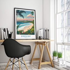 Byron Bay Poster - Australia Wall Art displayed in a stylish workspace with a desk and chair.